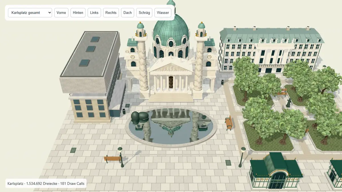 Karlsplatz mit Karlskirche, Spiegelwasser und Resselpark